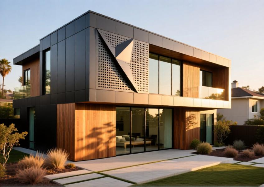 An elegant residential building using customized aluminum facade panels, illustrating design versatility and material harmony in a high-end home environment.