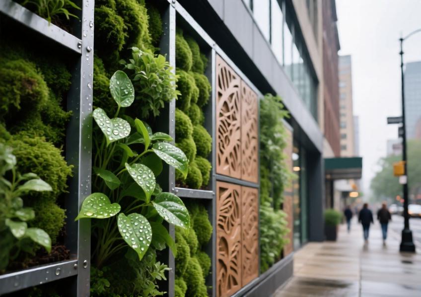 Sustainable living cladding with moss and bio-panels enhancing air quality and thermal performance on a commercial building facade.