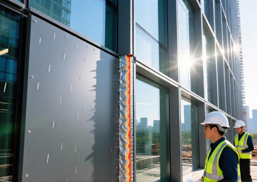 A detailed architectural view of an insulated metal panel within a high-performance curtain wall system, emphasizing energy efficiency and engineering precision.