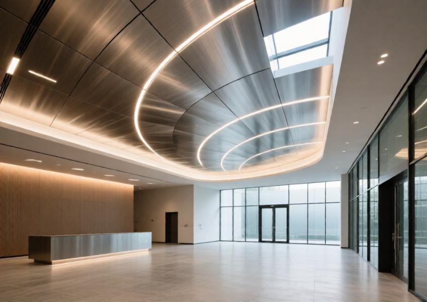 Interior atrium with a brushed aluminum ceiling incorporating concealed lighting, demonstrating the material’s aesthetic and functional role in modern interior architecture.