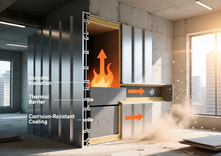 A realistic technical illustration showing the internal structure and performance benefits of aluminium wall panels, emphasizing thermal and acoustic properties.