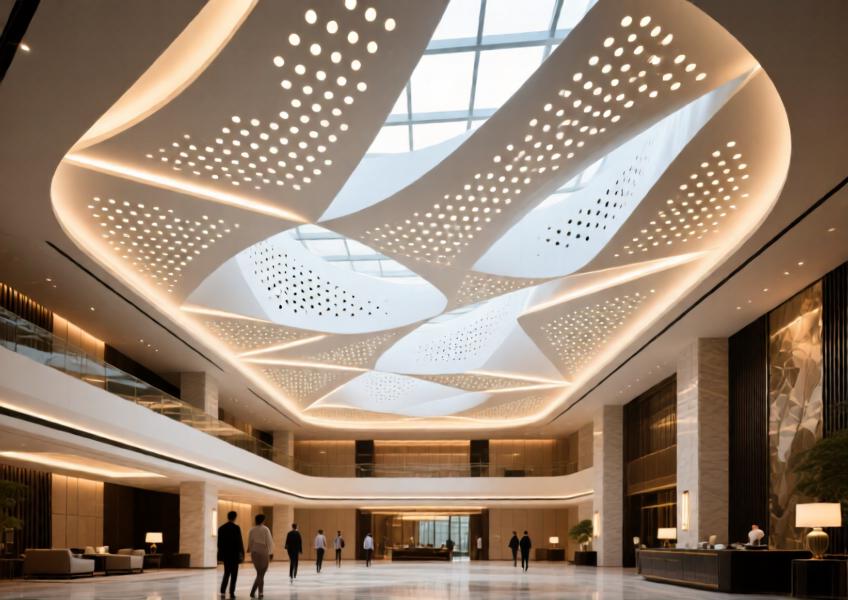 Perforated white aluminum ceiling in a luxury hotel atrium, combining lighting, acoustics, and elegant design.