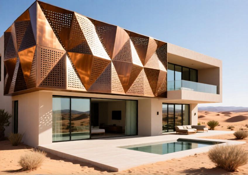A high-end home in Dubai with decorative perforated aluminium cladding used for both aesthetic appeal and solar shading in a hot climate.