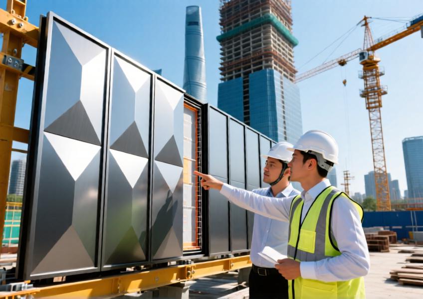 A realistic depiction of professionals evaluating aluminium cladding panels on-site, emphasizing technical performance and craftsmanship in a modern construction environment.