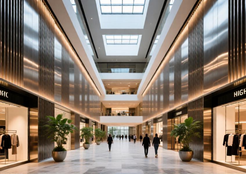Interior commercial atrium with brushed aluminum ACM wall cladding, demonstrating its application in high-traffic luxury environments with refined visual appeal.