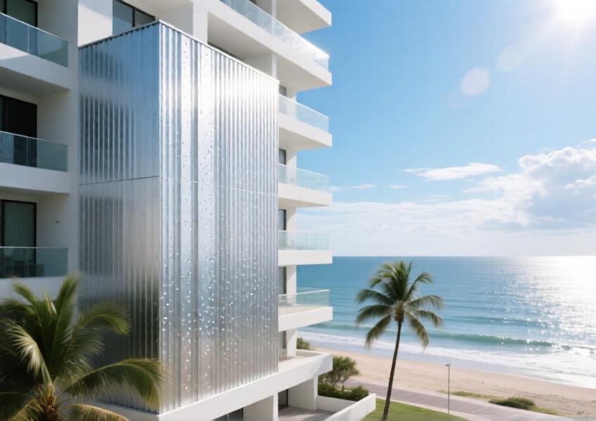 A coastal residential building with aluminum wall panels, illustrating durability and aesthetic performance in a harsh marine environment.