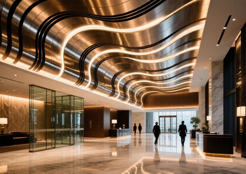 Interior shot of a hotel lobby with artistic aluminum veneer ceiling design, demonstrating its decorative and functional use in high-end commercial interiors.