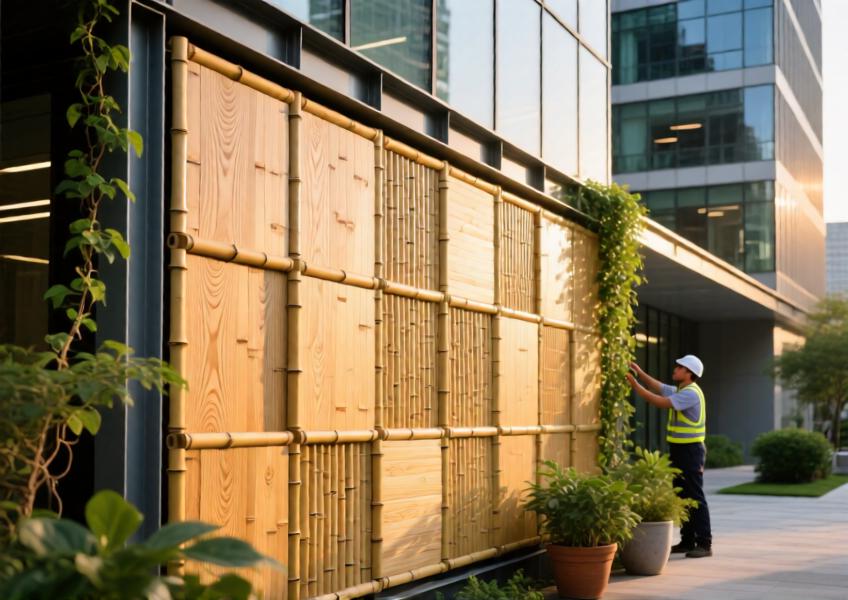 Detail view of sustainable bamboo cladding demonstrating renewable material use in modern commercial architecture, with emphasis on texture, modularity, and integration with green surroundings.