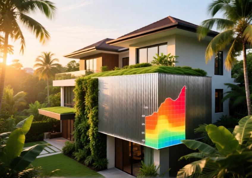A sustainable luxury home in Singapore using composite metal cladding and green roofs to enhance thermal performance and reduce cooling needs.