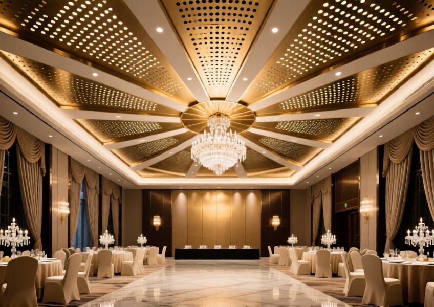 Interior shot of a hotel ballroom with decorative aluminum ceiling panels designed for both acoustic performance and visual elegance.