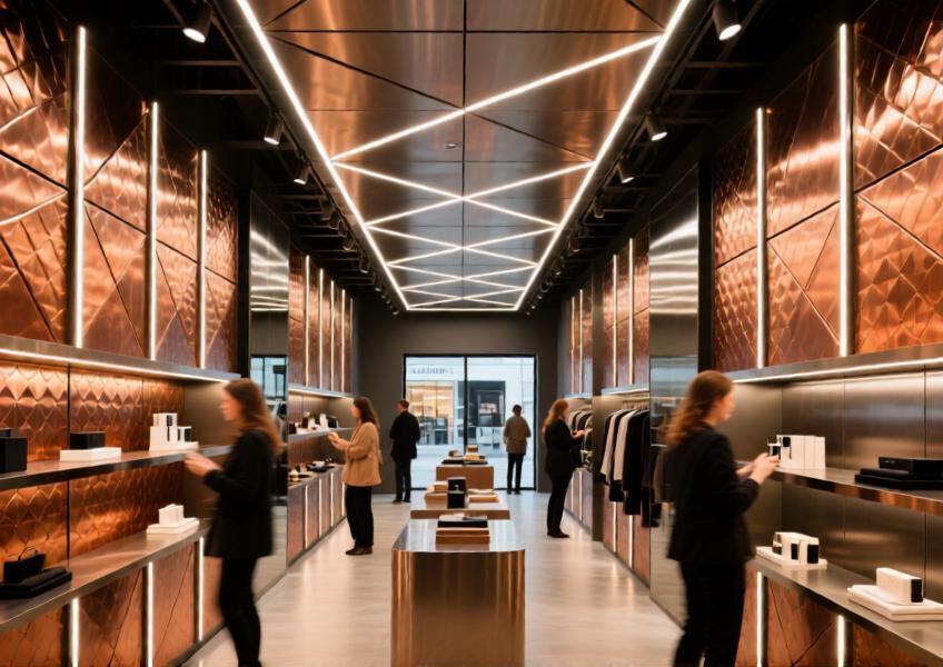 Commercial interior featuring metal cladding as a design element to define space and enhance lighting, combining functionality with contemporary aesthetics.