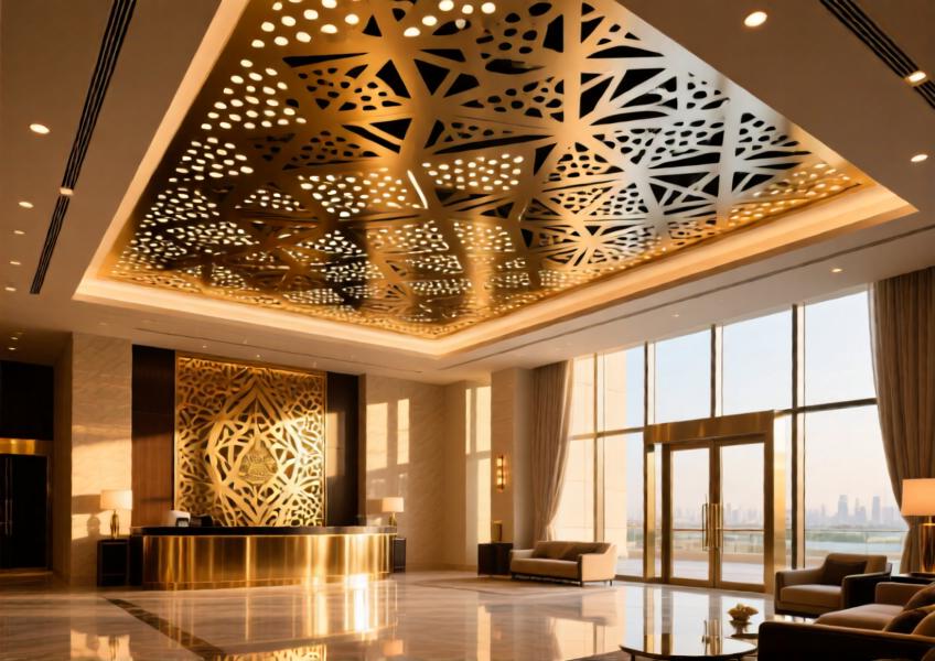 A premium commercial interior showcasing decorative aluminium sheets used creatively in ceilings, demonstrating aesthetic versatility and high-end application in luxury spaces.
