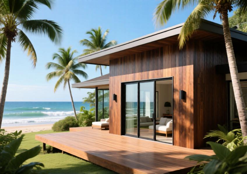Coastal luxury villa in Sanya showcasing aluminum wood look siding that mimics aged teak, offering durability and elegance in a salt-rich, sunny environment.