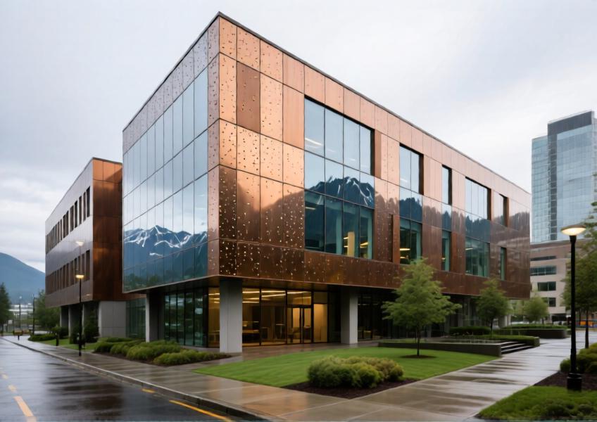 Bronze-finished aluminum composite cladding on a Vancouver office building, blending modern design with natural surroundings.