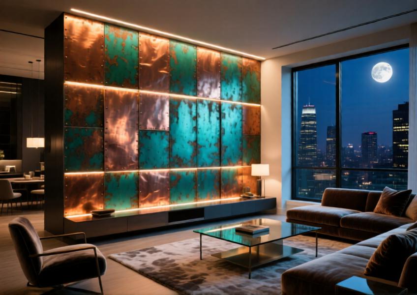 A dramatic residential feature wall using backlit patinated copper cladding, demonstrating the fusion of artistry, technology, and luxury in high-end interior design.