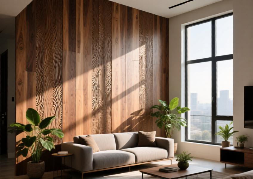 Modern luxury living space featuring natural-inspired fiber cement cladding panels used as a focal interior design element.
