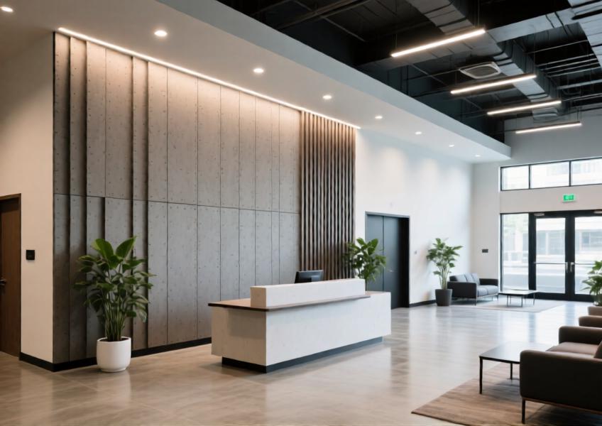 Interior view of a commercial space using exterior cladding sheets as decorative wall features to enhance aesthetic and spatial dynamics.