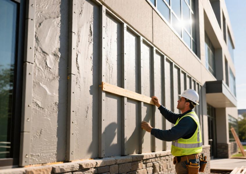 Detailed view of fiber cement wall panels during installation, illustrating durability, texture, and modular efficiency in a professional setting.