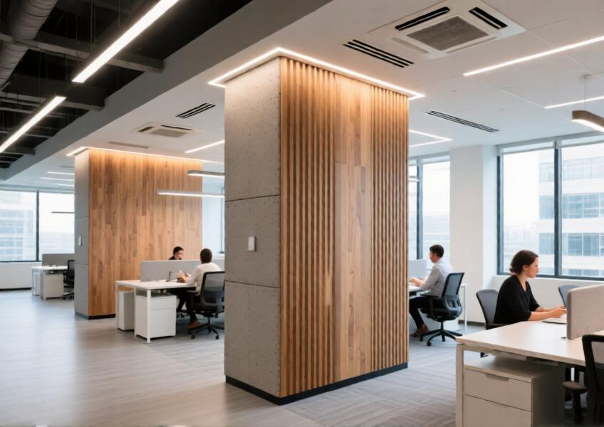 Open-plan office using modular interior cladding panels to create functional zones while maintaining visual openness and integration with smart building systems.