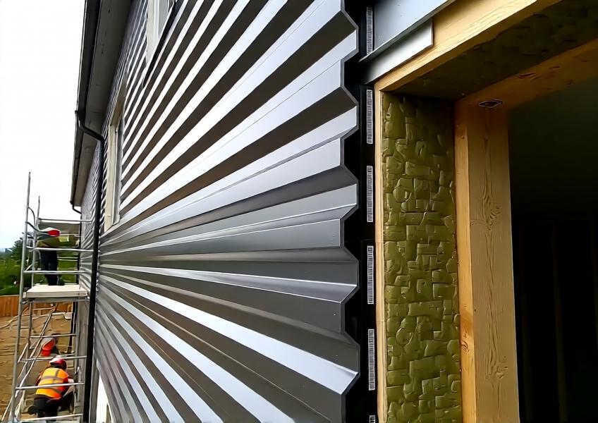 Technical installation view of a multi-layer aluminium cladding system with emphasis on sustainability and modularity.