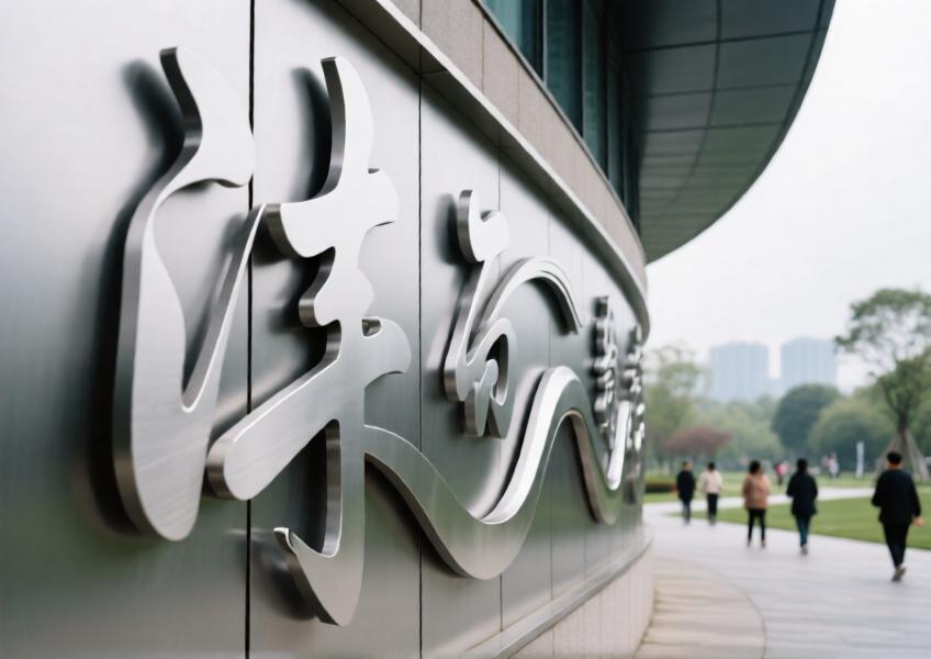 Close-up of artistically shaped metal panels on a civic building, blending cultural motifs with modern architectural design.