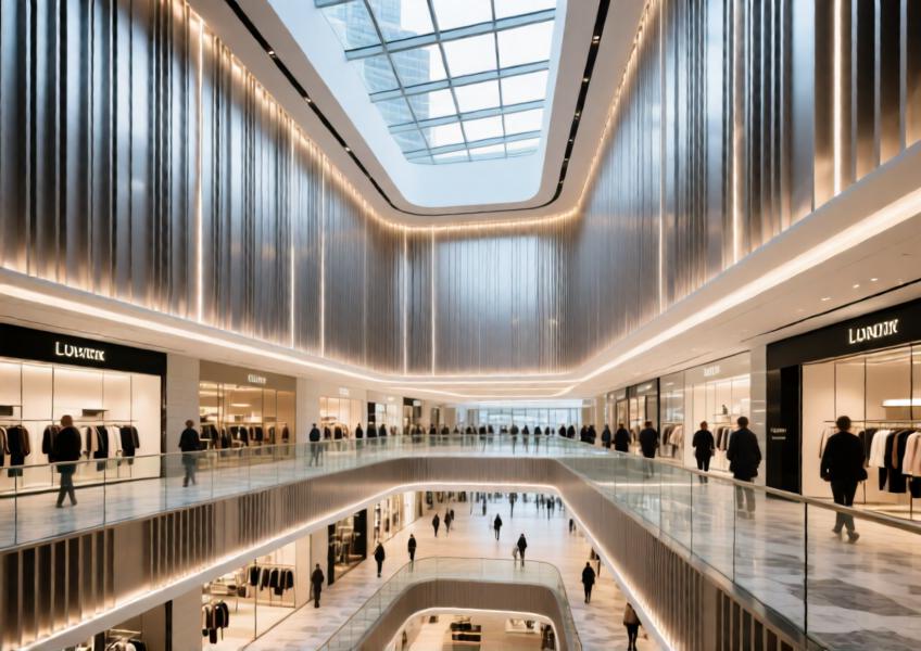 Interior view of a commercial atrium in Shanghai featuring aluminum panel siding on ceilings and walls, highlighting its use in creating a modern, inviting retail environment.