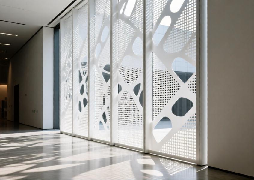 Perforated white sheet metal panel in a cultural center, showcasing decorative and functional design.