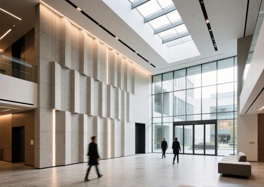 An interior view of a commercial atrium featuring premium external wall cladding sheets adapted for indoor use, demonstrating design flexibility and sophisticated texture in a public space.