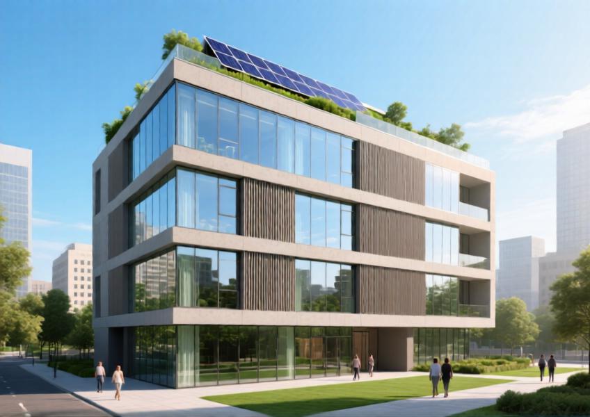 A green-certified mixed-use building showcasing sustainable cladding materials like fiber cement and high-performance glass, emphasizing energy efficiency and modern design.