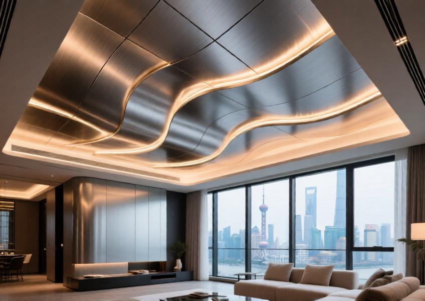 Interior of a luxury penthouse featuring a wave-like ceiling crafted from 3mm aluminium sheets, emphasizing aesthetic elegance and precision fabrication.