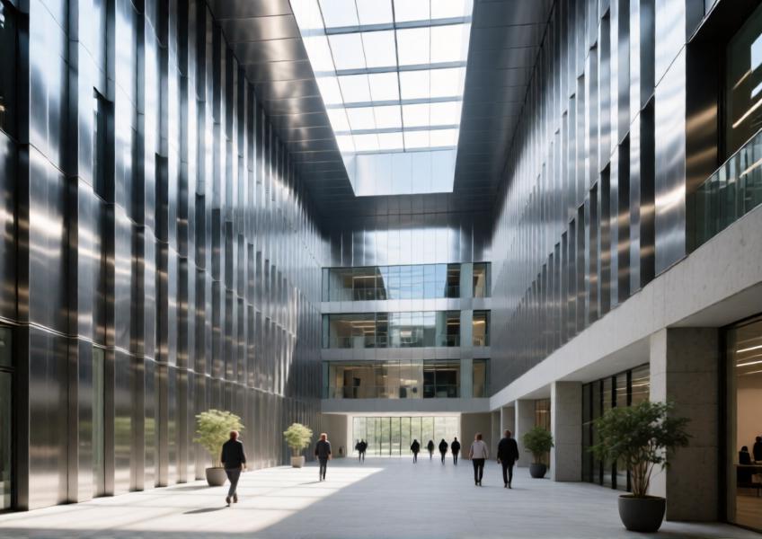 Interior atrium using metal panels to unify design language, showing integration between exterior and interior architectural elements.