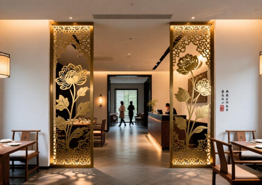 Interior scene of a hotel using ornate brass perforated panels to create a decorative and functional partition with rich shadow patterns.
