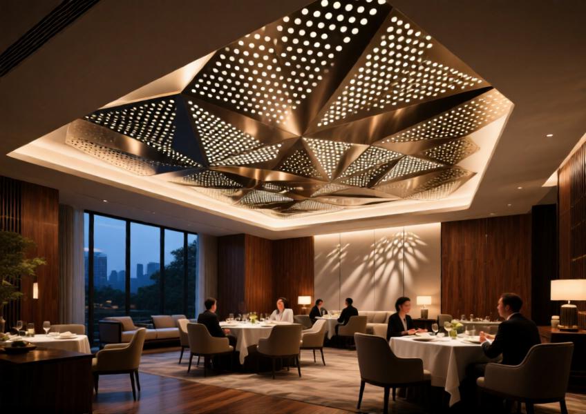 Elegant hotel interior with custom perforated aluminum ceiling lit with ambient lighting.