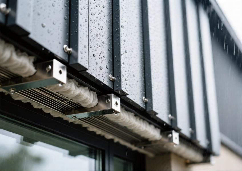 Detailed close-up of aluminum panel installation on a commercial building, illustrating material properties, mounting system, and performance features like water resistance.