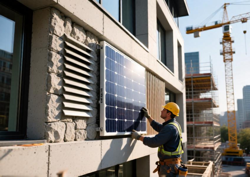 Close-up of smart facade panel installation with photovoltaic integration and adaptive shading on a modern urban building.