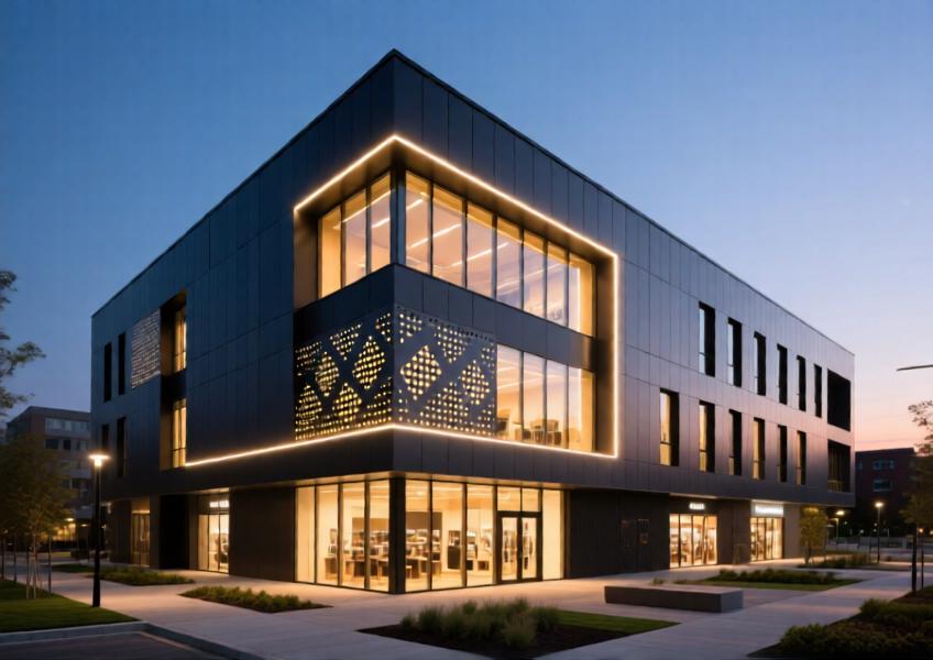 Mixed-use commercial building at twilight with textured and perforated aluminum panels, showcasing depth, lighting effects, and integration with public space.
