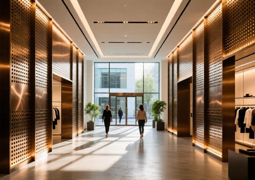 Interior of a flagship retail space using perforated metal cladding panels to enhance aesthetics and light diffusion, creating a cohesive brand environment.