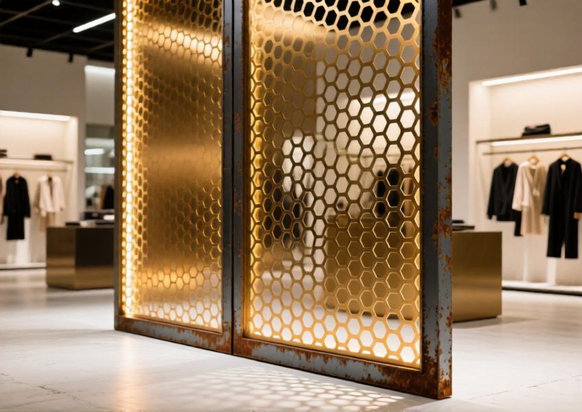 Detailed view of perforated steel cladding in a retail setting, illustrating design versatility and textural elegance.