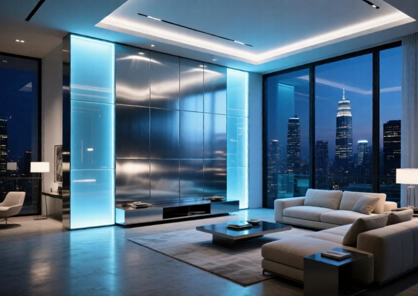 A high-end residential interior featuring a backlit aluminium and glass feature wall, demonstrating the material's aesthetic versatility in luxury homes.