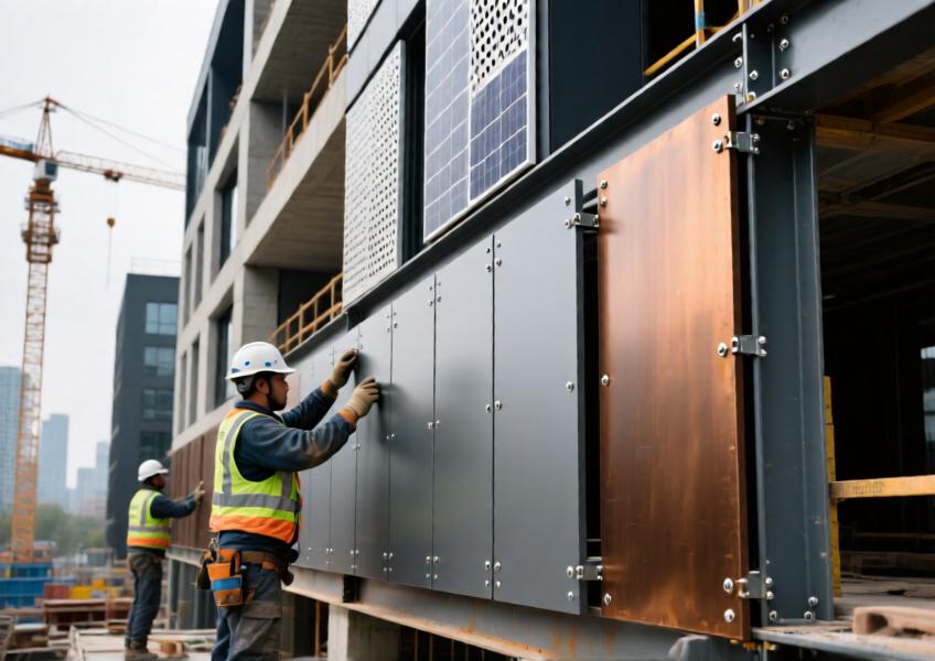 Detailed scene of steel cladding installation showcasing material quality, color options, and integration into a modern building envelope.