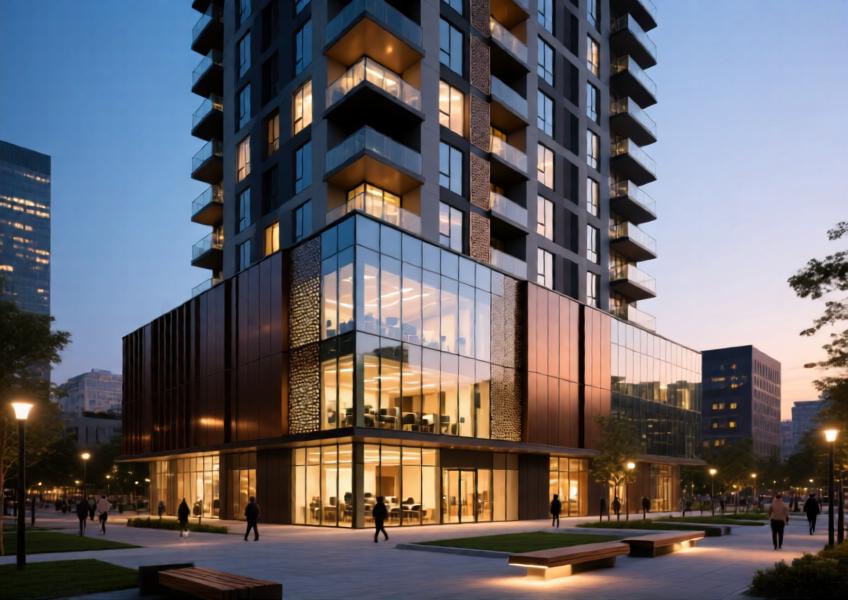 A mixed-use building at twilight, demonstrating how aluminum cladding unifies commercial and residential design in a sophisticated urban setting.