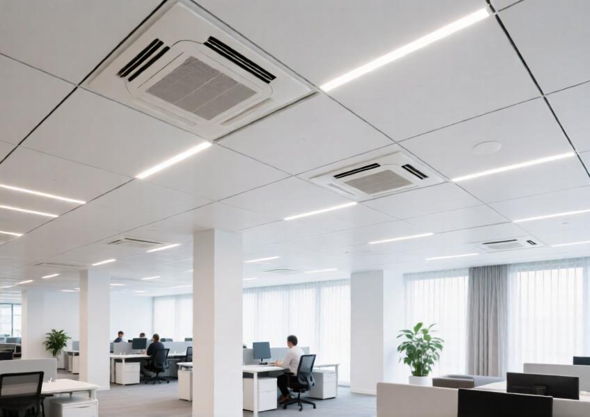 Integrated white sheet metal ceiling system in a corporate office, combining lighting, ventilation, and acoustic design.
