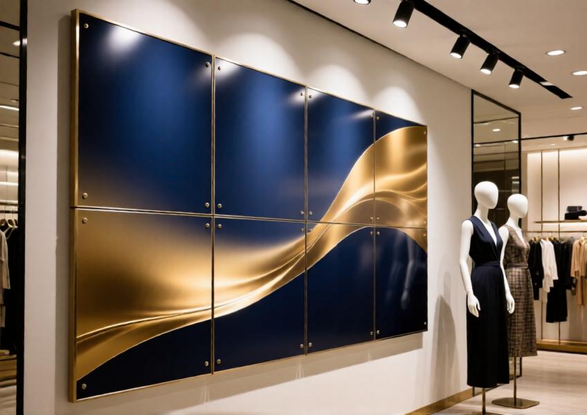 Detailed shot of a digitally printed aluminum panel in a luxury retail setting with high-end finishes and lighting.