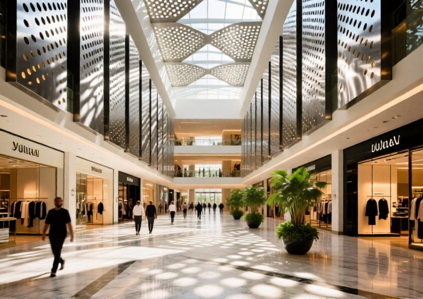Interior atrium of a Dubai mall where perforated metal cladding transforms sunlight into artistic light patterns, blending functionality with experiential design.