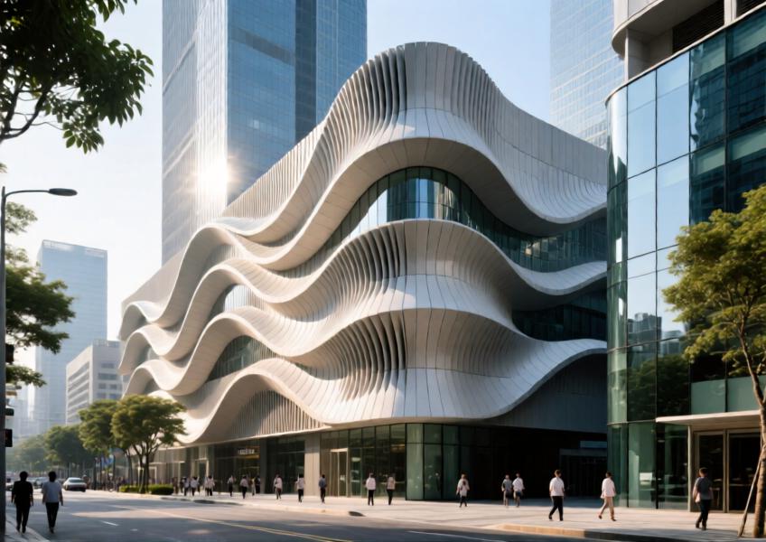 Architectural view of a Shenzhen mixed-use building with sculptural UHPC cladding panels forming a wave-like facade, illuminated by dynamic daylight to emphasize form and texture.
