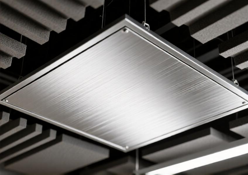 Detailed view of a brushed aluminum ceiling panel emphasizing material texture, finish quality, and suitability for high-performance interior environments.
