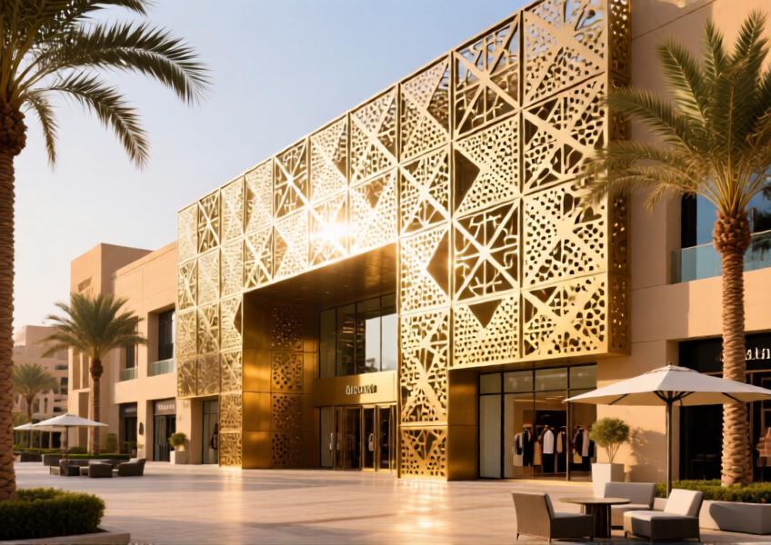 An illustration of perforated aluminium cladding used creatively on a commercial façade, demonstrating both aesthetic appeal and practical sun protection in a high-end retail environment.