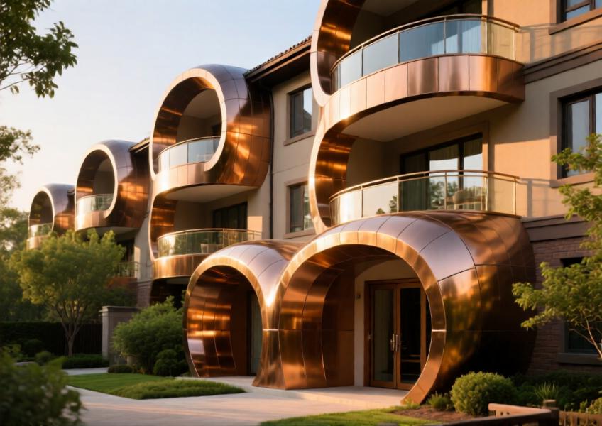 Residential façade highlighting customized bronze-finished curved aluminium cladding that harmonizes with the natural environment and architectural curves.