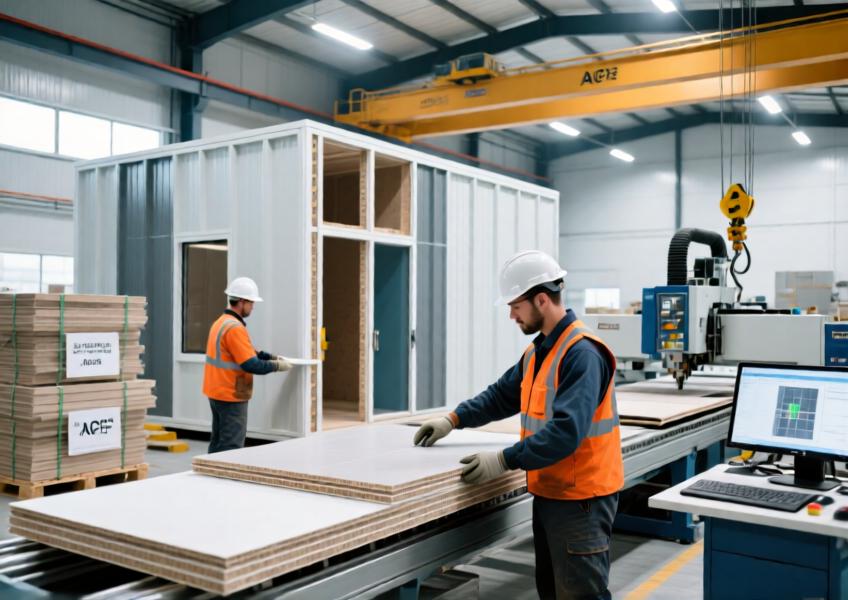 Interior scene of a prefabrication facility showing the precision manufacturing process of external cladding sheets for modern curtain wall systems.