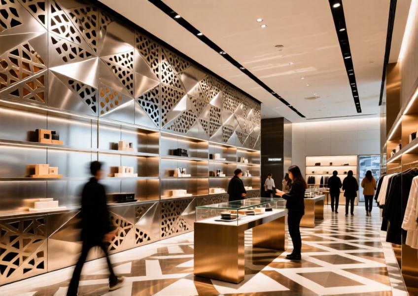 Commercial interior using customized aluminum walls to create visual depth and brand expression through light interaction.
